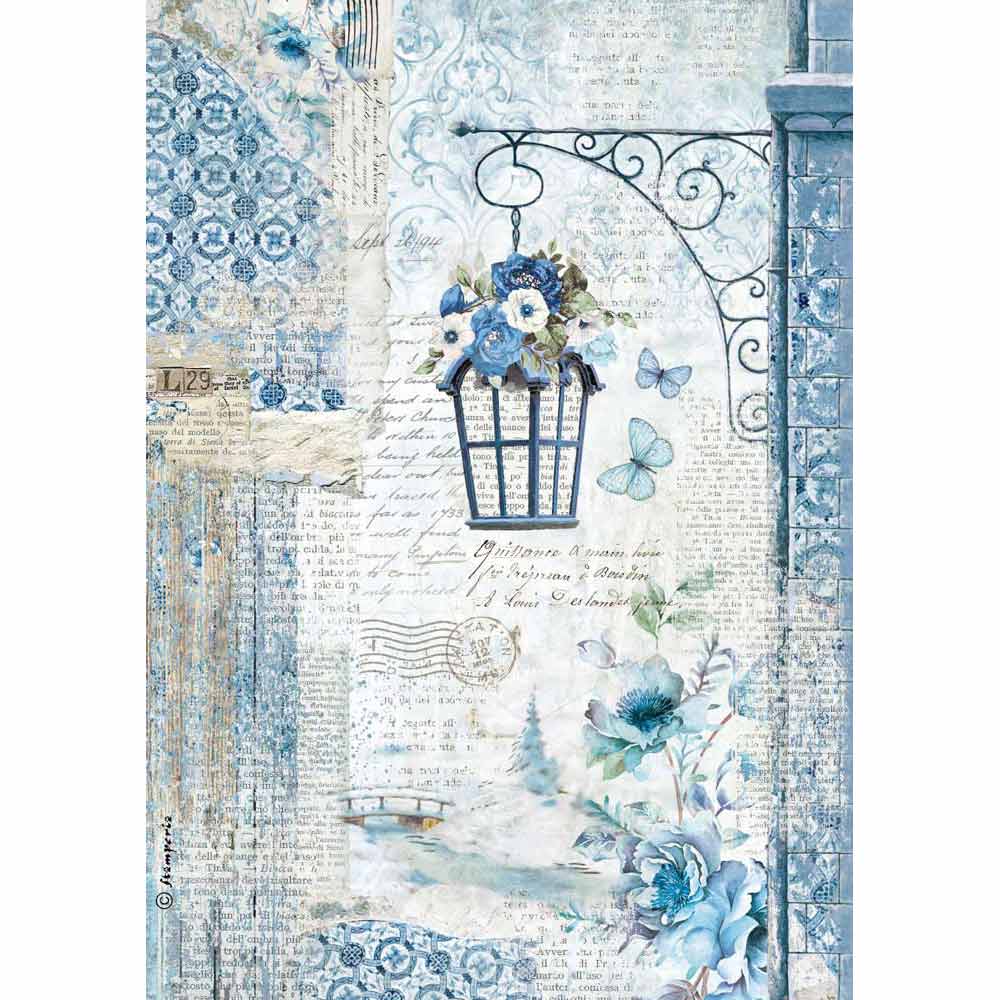 Stamperia Intl Blue & Roseland Bench Rice Paper - Roseland - Stamperia: A Cherry